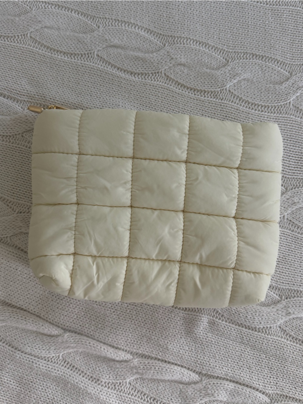tarte Quilted Puffer Cosmetic Pouch in Light Cream with Gold Hardware